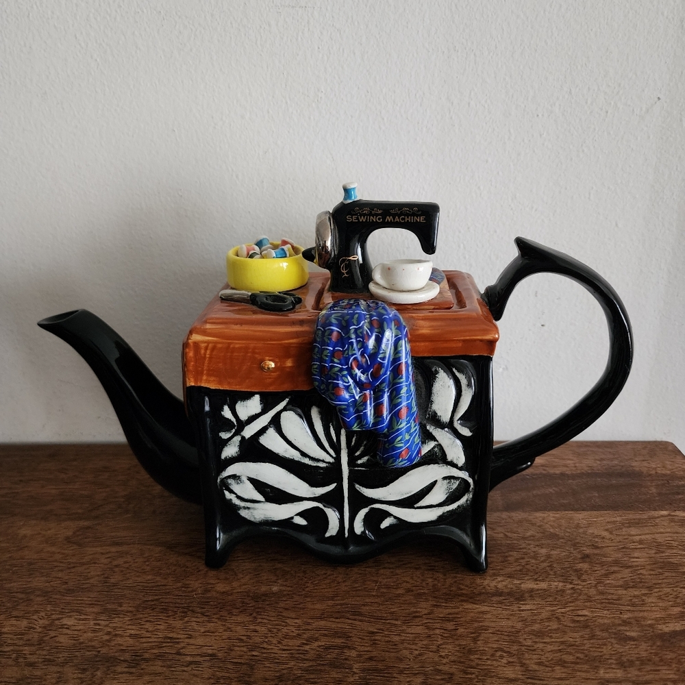 Vintage 1990 South West Ceramics LTD Tea Pot w/ Sewing Machine Setting Design